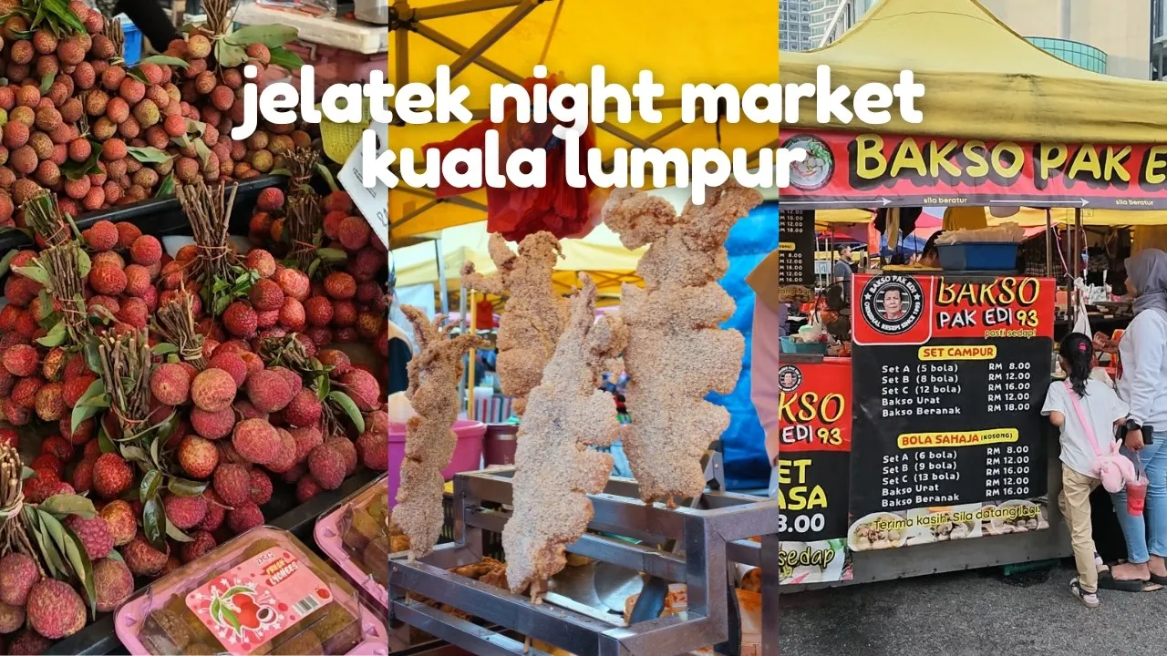 Lychees piled at a stall, grilled skewers, and a bakso stand at Jelatek night market.