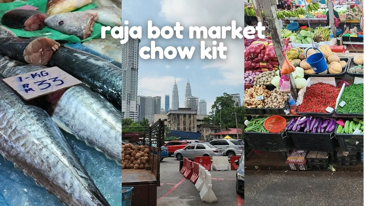 Mackerel on ice, the Kuala Lumpur skyline beyond the market, and stalls of fresh vegetables at Pasar Raja Bot.